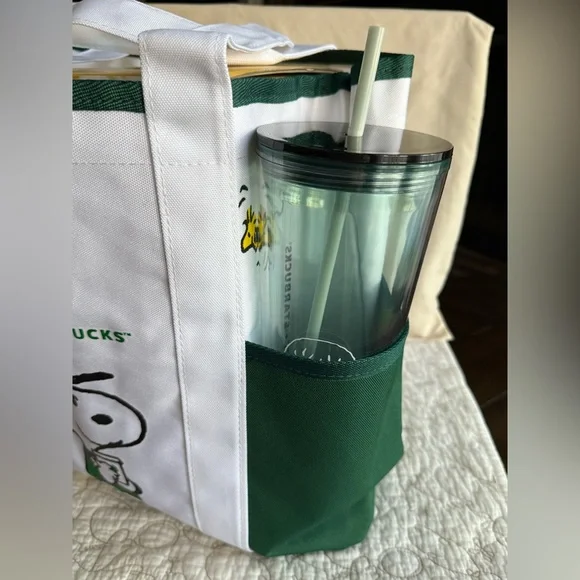 2025 New Starbucks Snoopy Tote Bag Shoulder Bag WHITE/GREEN Canvas - Picture 8 of 12